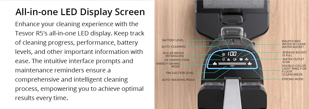 Bezdrátový mokro-suchý vysavač Tesvor R5 Pro, sací výkon 13000 Pa, samočištění, nádržka na vodu 900 ml, inteligentní senzor nečistot, maximální doba provozu 45 minut, baterie 3800 mAh, hlasové ovládání, LED displej