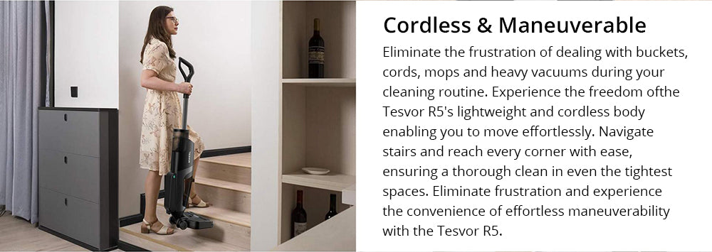 Bezdrátový mokro-suchý vysavač Tesvor R5 Pro, sací výkon 13000 Pa, samočištění, nádržka na vodu 900 ml, inteligentní senzor nečistot, maximální doba provozu 45 minut, baterie 3800 mAh, hlasové ovládání, LED displej