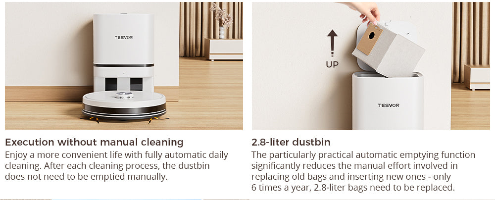 Robotický vysavač Tesvor S7 Pro AES s automatickým vyprazdňováním, funkcí mopování, sacím tlakem 6000 Pa, laserovou navigací, nádobou na prach o objemu 600 ml, sáčkem na prach o objemu 2,8 l, výdrží 180 minut, ovládáním aplikací / dálkovým ovládáním - bílý
