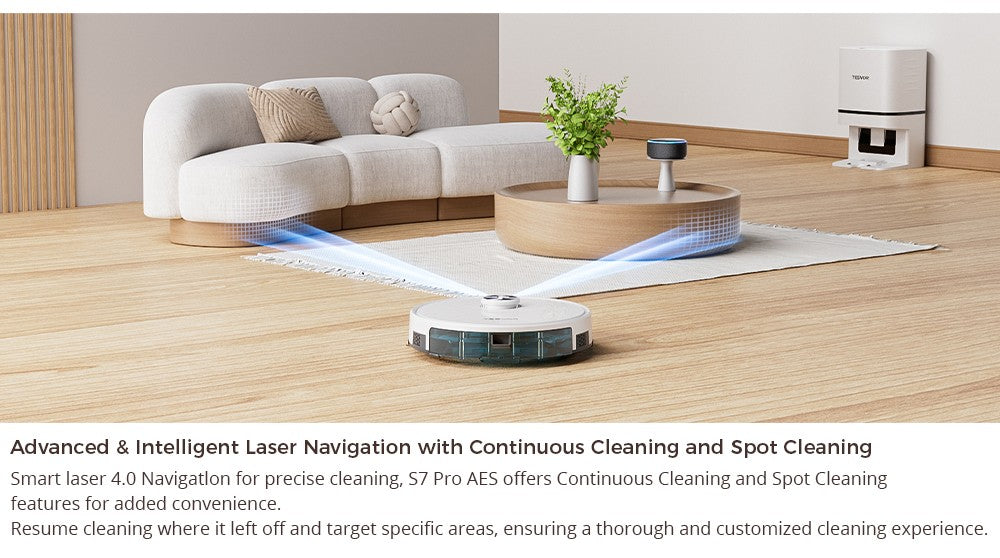 Robotický vysavač Tesvor S7 Pro AES s automatickým vyprazdňováním, funkcí mopu, sacím tlakem 6000 Pa, laserovou navigací, nádobou na prach o objemu 600 ml, sáčkem na prach o objemu 2,8 l, výdrží 180 minut, ovládáním aplikací / dálkovým ovládáním - bílý
