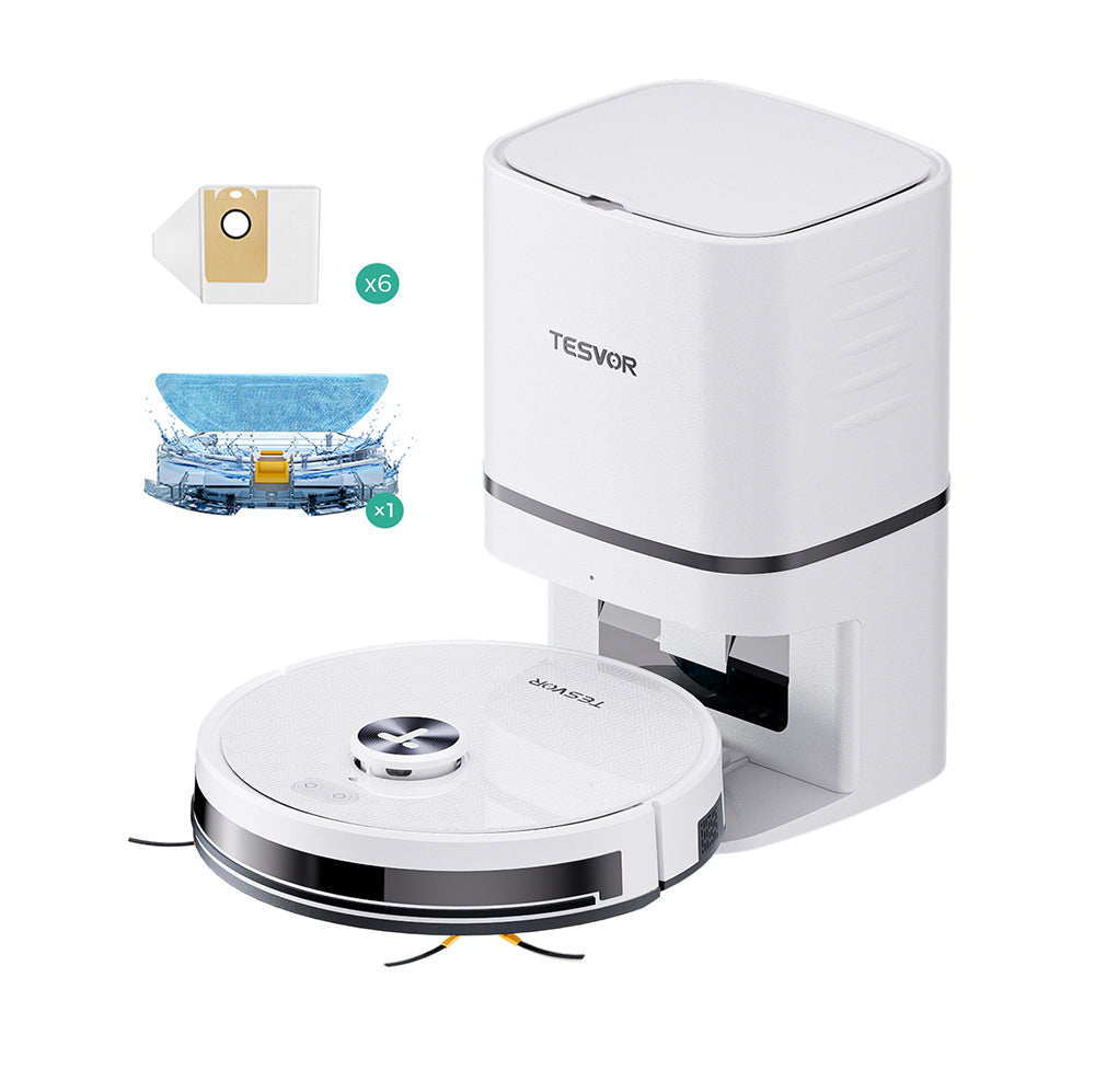 Robotický vysavač Tesvor S7 Pro AES s automatickým vyprazdňováním, funkcí mopování, sacím tlakem 6000 Pa, laserovou navigací, nádobou na prach o objemu 600 ml, sáčkem na prach o objemu 2,8 l, výdrží 180 minut, ovládáním aplikací / dálkovým ovládáním - bílý