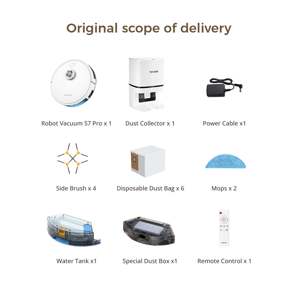 Robotický vysavač Tesvor S7 Pro AES s automatickým vyprazdňováním, funkcí mopování, sacím tlakem 6000 Pa, laserovou navigací, nádobou na prach o objemu 600 ml, sáčkem na prach o objemu 2,8 l, výdrží 180 minut, ovládáním aplikací / dálkovým ovládáním - bílý