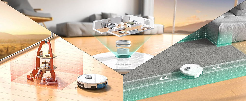 Robotický vysavač Tesvor S7 Pro s funkcí mopu, sací tlak 6000 Pa, laserová navigace, nádoba na prach 600 ml, doba provozu 180 minut, maximální plocha vysávání 150 m², ovládání aplikací / dálkové ovládání - bílý