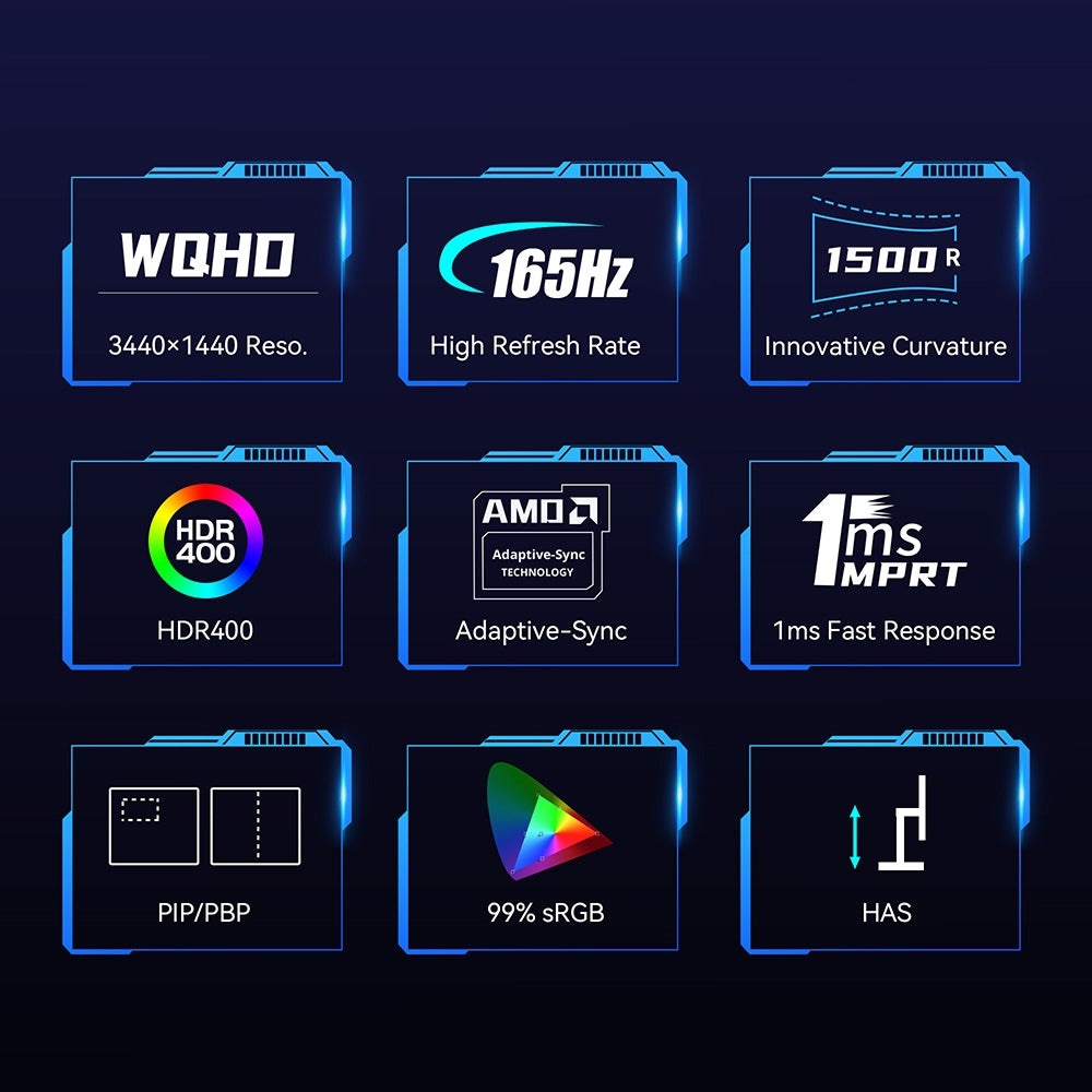 Herní monitor TITAN ARMY C34CHR, 34palcová zakřivená obrazovka 1500R 3440x1440 WQHD, obnovovací frekvence 165 Hz, 1ms MPRT, adaptivní synchronizace, 99 % sRGB, podpora PIP a PBP displejů, podsvícení pro e-sporty, nástěnný držák s nastavením náklonu, tlumení modrého světla