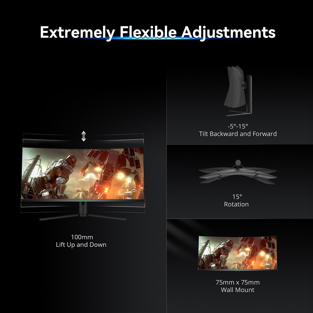 Herní monitor TITAN ARMY C34CHR, 34palcová zakřivená obrazovka 1500R 3440x1440 WQHD, obnovovací frekvence 165 Hz, 1ms MPRT, adaptivní synchronizace, 99 % sRGB, podpora PIP a PBP displejů, podsvícení pro e-sporty, nástěnný držák s nastavením náklonu, tlumení modrého světla