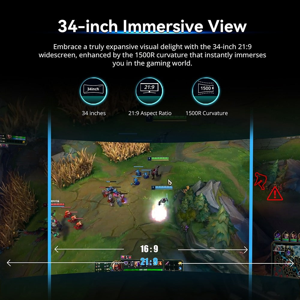 Herní monitor TITAN ARMY C34CHR, 34palcová zakřivená obrazovka 1500R 3440x1440 WQHD, obnovovací frekvence 165 Hz, 1ms MPRT, adaptivní synchronizace, 99 % sRGB, podpora PIP a PBP displejů, podsvícení pro e-sporty, nástěnný držák s nastavením náklonu, tlumení modrého světla