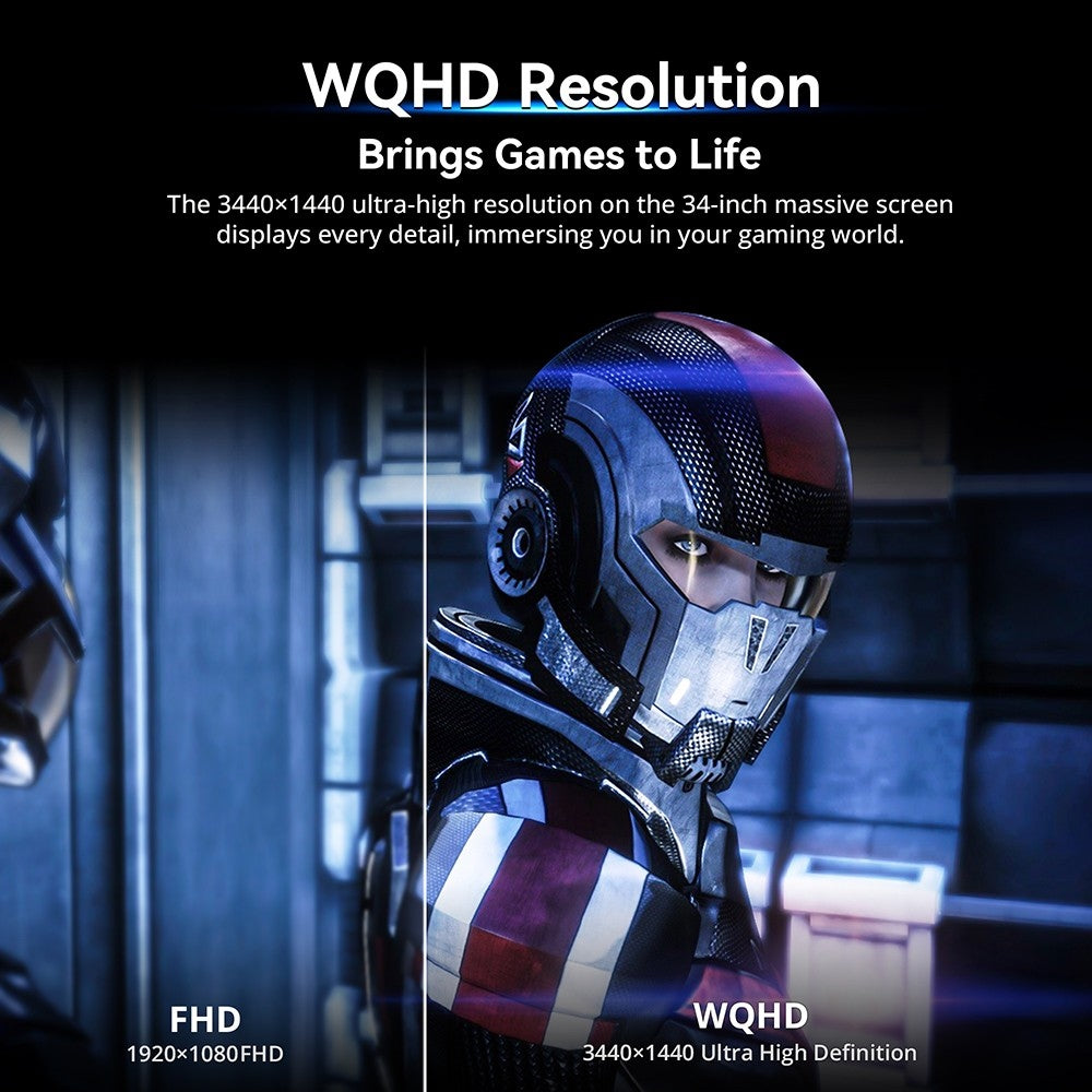 Herní monitor TITAN ARMY C34CHR, 34palcová zakřivená obrazovka 1500R 3440x1440 WQHD, obnovovací frekvence 165 Hz, 1ms MPRT, adaptivní synchronizace, 99 % sRGB, podpora PIP a PBP displejů, podsvícení pro e-sporty, nástěnný držák s nastavením náklonu, tlumení modrého světla