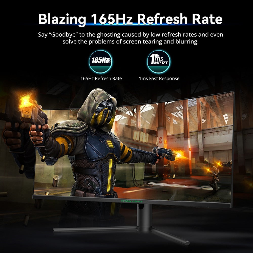 Herní monitor TITAN ARMY C34CHR, 34palcová zakřivená obrazovka 1500R 3440x1440 WQHD, obnovovací frekvence 165 Hz, 1ms MPRT, adaptivní synchronizace, 99 % sRGB, podpora PIP a PBP displejů, podsvícení pro e-sporty, nástěnný držák s nastavením náklonu, tlumení modrého světla