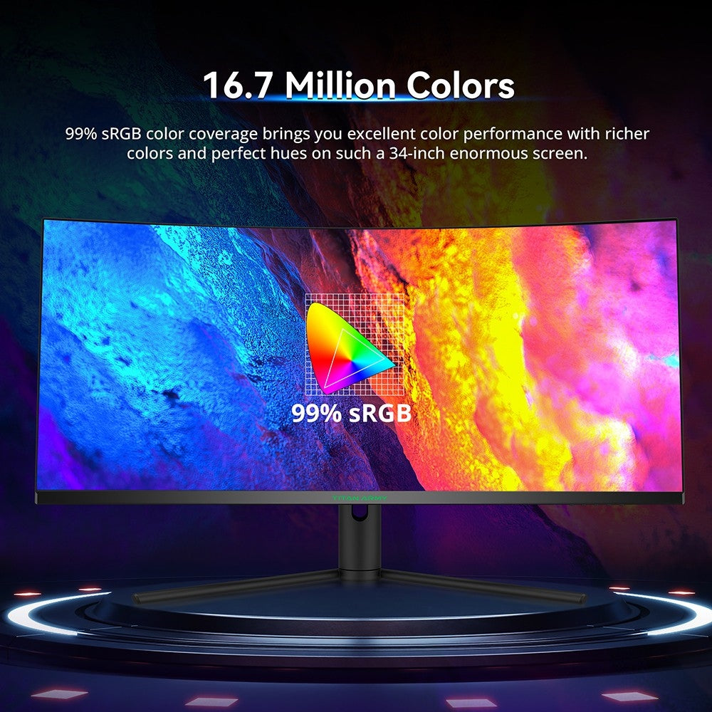 Herní monitor TITAN ARMY C34CHR, 34palcová zakřivená obrazovka 1500R 3440x1440 WQHD, obnovovací frekvence 165 Hz, 1ms MPRT, adaptivní synchronizace, 99 % sRGB, podpora PIP a PBP displejů, podsvícení pro e-sporty, nástěnný držák s nastavením náklonu, tlumení modrého světla