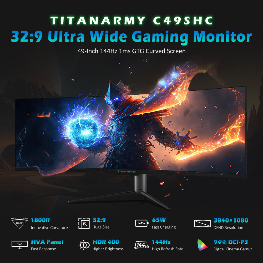 Herní monitor TITAN ARMY C49SHC 49 palců, 3840*1080 CSOT HVA panel, nadměrně velká zakřivená obrazovka 32:9, vysoká obnovovací frekvence 144 Hz, inteligentní rozdělená obrazovka PIP/PBP, adaptivní synchronizace, 1*HDMI 2.0, 1*DP 1.4, 1*USB-C s plnými funkcemi, 1*USB-B, 2*USB-A, zpětné nabíjení 65 W