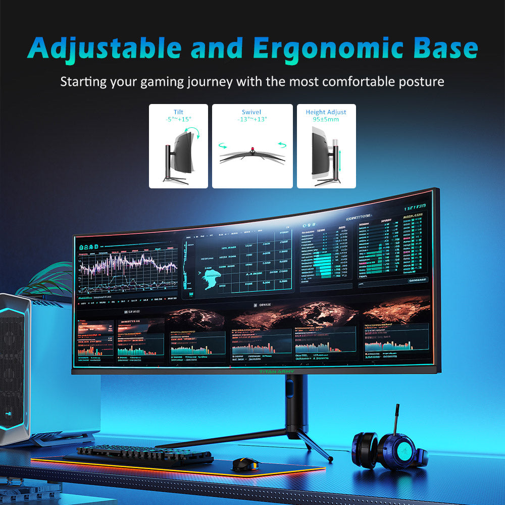 Herní monitor TITAN ARMY C49SHC 49 palců, 3840*1080 CSOT HVA panel, nadměrně velká zakřivená obrazovka 32:9, vysoká obnovovací frekvence 144 Hz, inteligentní rozdělená obrazovka PIP/PBP, adaptivní synchronizace, 1*HDMI 2.0, 1*DP 1.4, 1*USB-C s plnými funkcemi, 1*USB-B, 2*USB-A, zpětné nabíjení 65 W