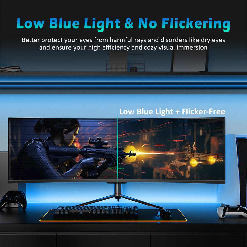 Herní monitor TITAN ARMY C49SHC 49 palců, 3840*1080 CSOT HVA panel, nadměrně velká zakřivená obrazovka 32:9, vysoká obnovovací frekvence 144 Hz, inteligentní rozdělená obrazovka PIP/PBP, adaptivní synchronizace, 1*HDMI 2.0, 1*DP 1.4, 1*USB-C s plnými funkcemi, 1*USB-B, 2*USB-A, zpětné nabíjení 65 W