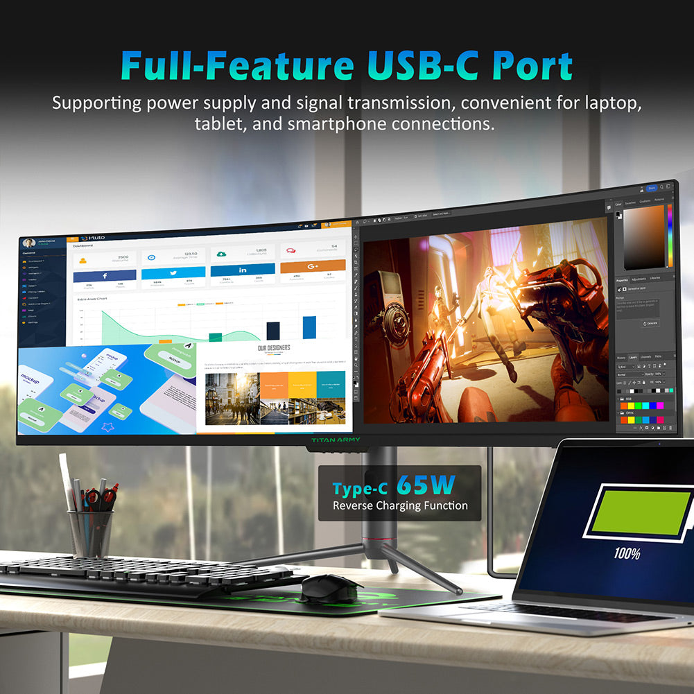 Herní monitor TITAN ARMY C49SHC 49 palců, 3840*1080 CSOT HVA panel, nadměrně velká zakřivená obrazovka 32:9, vysoká obnovovací frekvence 144 Hz, inteligentní rozdělená obrazovka PIP/PBP, adaptivní synchronizace, 1*HDMI 2.0, 1*DP 1.4, 1*USB-C s plnými funkcemi, 1*USB-B, 2*USB-A, zpětné nabíjení 65 W