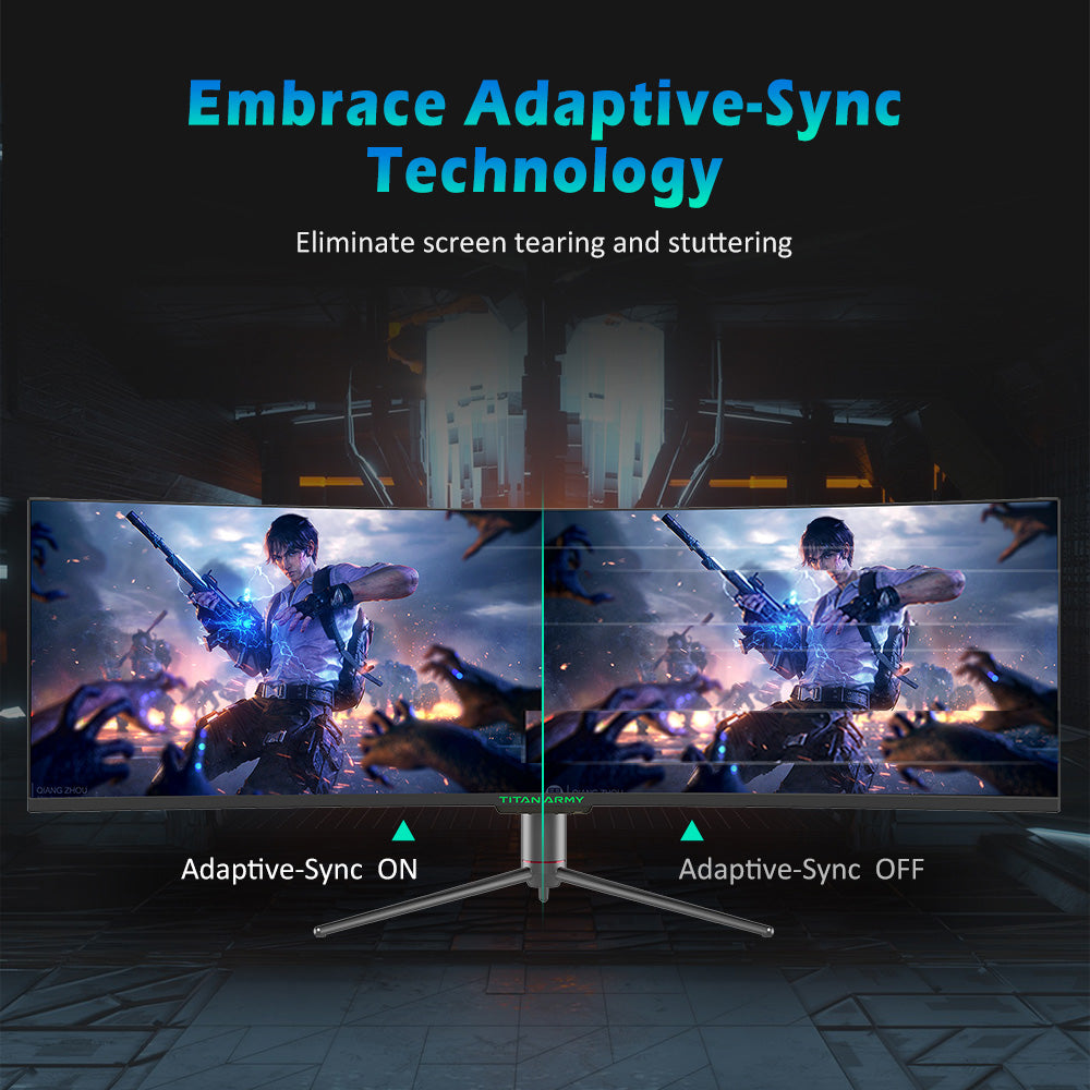 Herní monitor TITAN ARMY C49SHC 49 palců, 3840*1080 CSOT HVA panel, nadměrně velká zakřivená obrazovka 32:9, vysoká obnovovací frekvence 144 Hz, inteligentní rozdělená obrazovka PIP/PBP, adaptivní synchronizace, 1*HDMI 2.0, 1*DP 1.4, 1*USB-C s plnými funkcemi, 1*USB-B, 2*USB-A, zpětné nabíjení 65 W