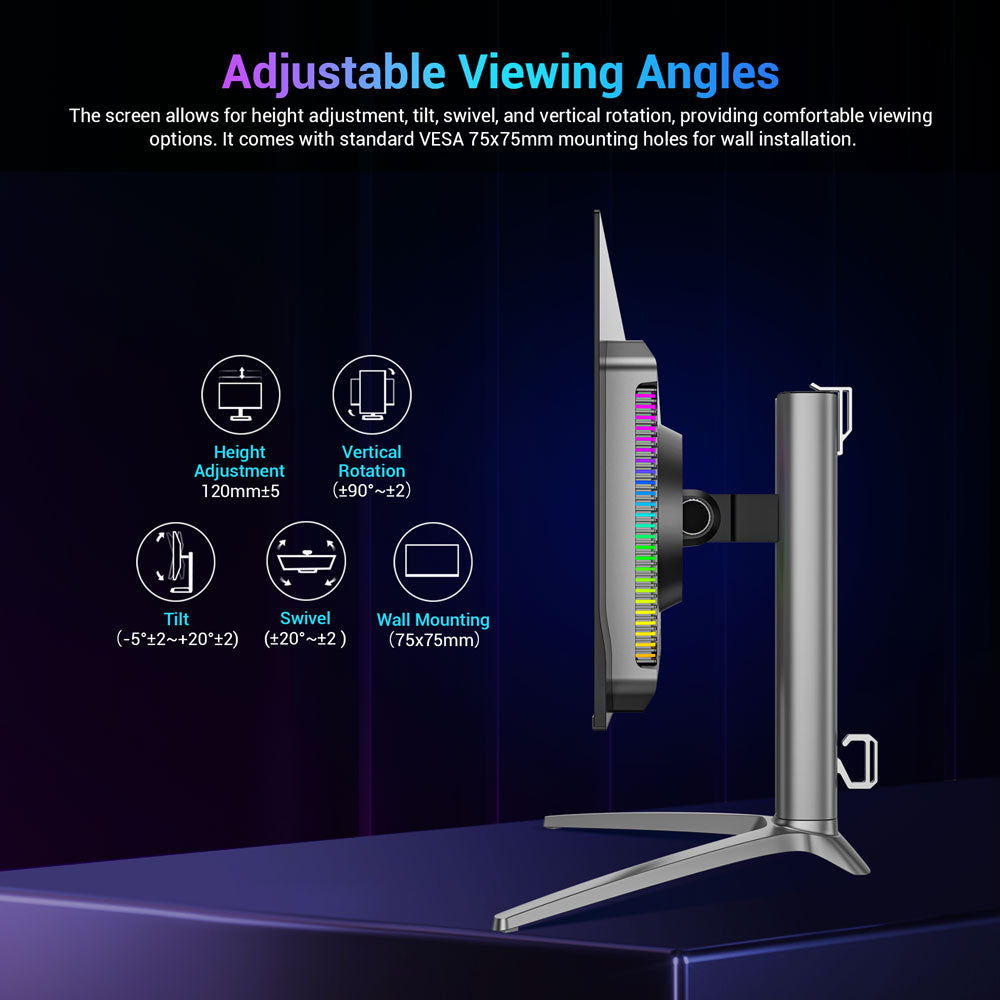 Herní monitor TITAN ARMY G27T8T, 26,5palcový QD-OLED displej s rozlišením 2560*1440, obnovovací frekvence 360 ​​Hz, GTG odezva 0,03 ms, 1000 nitů, HDR 400, Adaptive-Sync, herní asistent, nabíjení 65 W přes Type-C, dva reproduktory, ambientní osvětlení, 2x HDMI 2.1, 1x DP 1.4, 1x USB-A, 1x USB-B, 1x audio