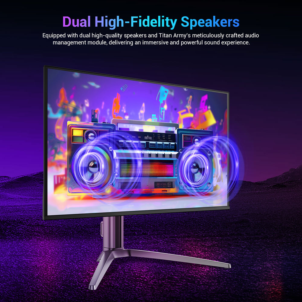 Herní monitor TITAN ARMY G27T8T, 26,5palcový QD-OLED displej s rozlišením 2560*1440, obnovovací frekvence 360 ​​Hz, GTG odezva 0,03 ms, 1000 nitů, HDR 400, Adaptive-Sync, herní asistent, nabíjení 65 W přes Type-C, dva reproduktory, ambientní osvětlení, 2x HDMI 2.1, 1x DP 1.4, 1x USB-A, 1x USB-B, 1x audio