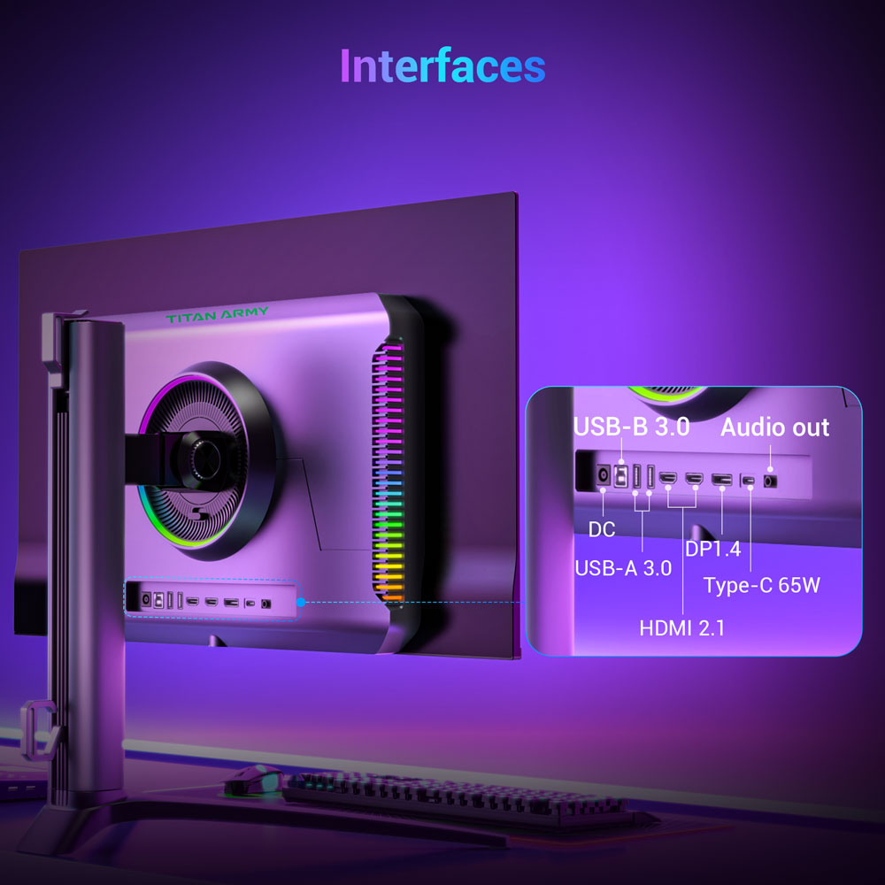 Herní monitor TITAN ARMY G27T8T, 26,5palcový QD-OLED displej s rozlišením 2560*1440, obnovovací frekvence 360 ​​Hz, GTG odezva 0,03 ms, 1000 nitů, HDR 400, Adaptive-Sync, herní asistent, nabíjení 65 W přes Type-C, dva reproduktory, ambientní osvětlení, 2x HDMI 2.1, 1x DP 1.4, 1x USB-A, 1x USB-B, 1x audio