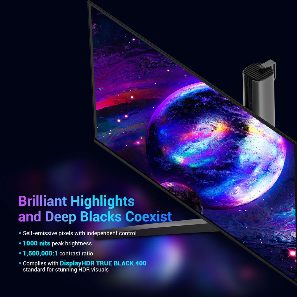 Herní monitor TITAN ARMY G27T8T, 26,5palcový QD-OLED displej s rozlišením 2560*1440, obnovovací frekvence 360 ​​Hz, GTG odezva 0,03 ms, 1000 nitů, HDR 400, Adaptive-Sync, herní asistent, nabíjení 65 W přes Type-C, dva reproduktory, ambientní osvětlení, 2x HDMI 2.1, 1x DP 1.4, 1x USB-A, 1x USB-B, 1x audio