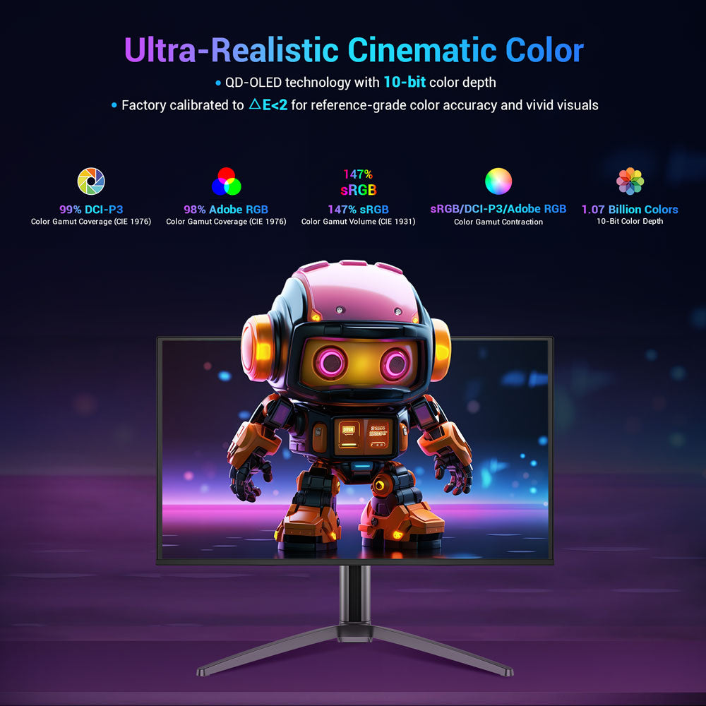 Herní monitor TITAN ARMY G27T8T, 26,5palcový QD-OLED displej s rozlišením 2560*1440, obnovovací frekvence 360 ​​Hz, GTG odezva 0,03 ms, 1000 nitů, HDR 400, Adaptive-Sync, herní asistent, nabíjení 65 W přes Type-C, dva reproduktory, ambientní osvětlení, 2x HDMI 2.1, 1x DP 1.4, 1x USB-A, 1x USB-B, 1x audio