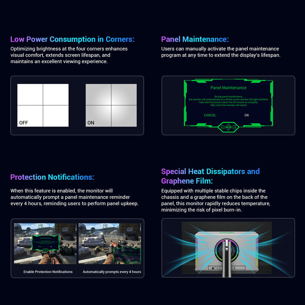 Herní monitor TITAN ARMY G27T8T, 26,5palcový QD-OLED displej s rozlišením 2560*1440, obnovovací frekvence 360 ​​Hz, GTG odezva 0,03 ms, 1000 nitů, HDR 400, Adaptive-Sync, herní asistent, nabíjení 65 W přes Type-C, dva reproduktory, ambientní osvětlení, 2x HDMI 2.1, 1x DP 1.4, 1x USB-A, 1x USB-B, 1x audio