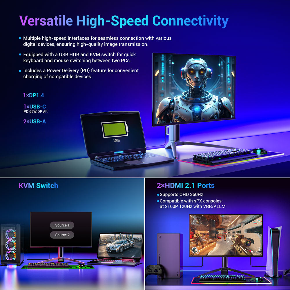 Herní monitor TITAN ARMY G27T8T, 26,5palcový QD-OLED displej s rozlišením 2560*1440, obnovovací frekvence 360 ​​Hz, GTG odezva 0,03 ms, 1000 nitů, HDR 400, Adaptive-Sync, herní asistent, nabíjení 65 W přes Type-C, dva reproduktory, ambientní osvětlení, 2x HDMI 2.1, 1x DP 1.4, 1x USB-A, 1x USB-B, 1x audio