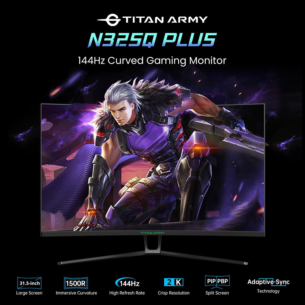 Herní monitor TITAN ARMY N32SQ PLUS se zakřiveným displejem, 31,5palcový panel 1500R 16:9 VA, obnovovací frekvence 144 Hz, rozlišení 2560x1440, 99% pokrytí sRGB, doba odezvy 1 ms MPRT, low-blue, podpora herního režimu FPS/RTS, 2x HDMI 2.0, 2x DP 1.4, 1x audio, nastavení náklonu s montáží na zeď