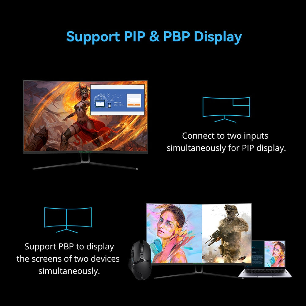 Herní monitor TITAN ARMY N32SQ PLUS se zakřiveným displejem, 31,5palcový panel 1500R 16:9 VA, obnovovací frekvence 144 Hz, rozlišení 2560x1440, 99% pokrytí sRGB, doba odezvy 1 ms MPRT, low-blue, podpora herního režimu FPS/RTS, 2x HDMI 2.0, 2x DP 1.4, 1x audio, nastavení náklonu s montáží na zeď