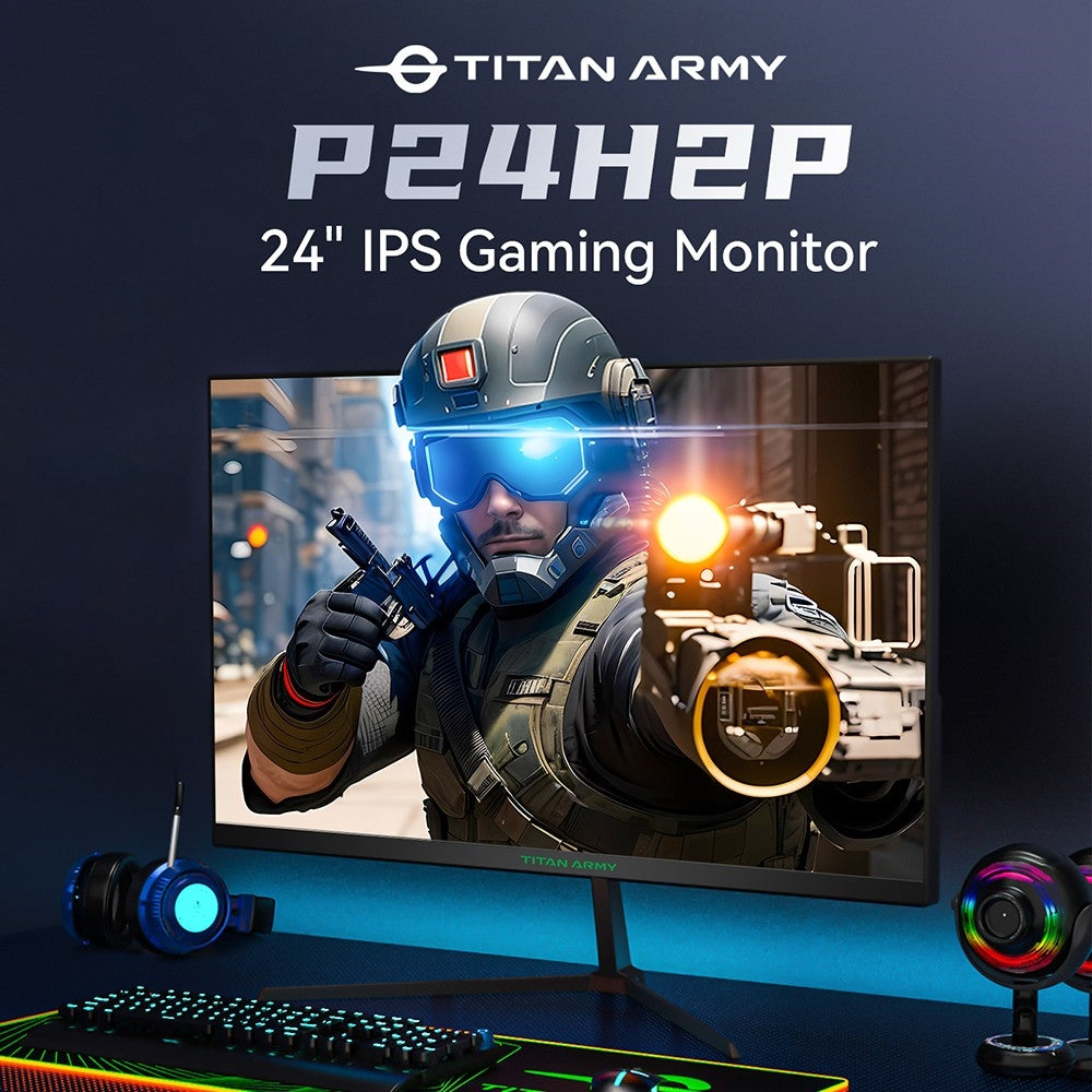 Herní monitor TITAN ARMY P24H2P, 24palcový IPS panel, obnovovací frekvence 100 Hz, rozlišení 1920x1080 FHD, 99% sRGB, adaptivní synchronizace, inteligentní optimalizace DCR, redukce modrého světla, 1x HDMI 1.4, 1x VGA, 1x audio, nastavení náklonu, držák VESA