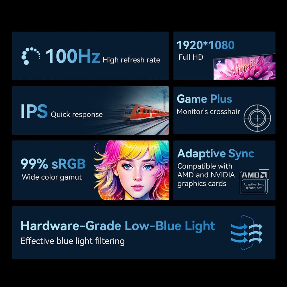 Herní monitor TITAN ARMY P24H2P, 24palcový IPS panel, obnovovací frekvence 100 Hz, rozlišení 1920x1080 FHD, 99% sRGB, adaptivní synchronizace, inteligentní optimalizace DCR, redukce modrého světla, 1x HDMI 1.4, 1x VGA, 1x audio, nastavení náklonu, držák VESA