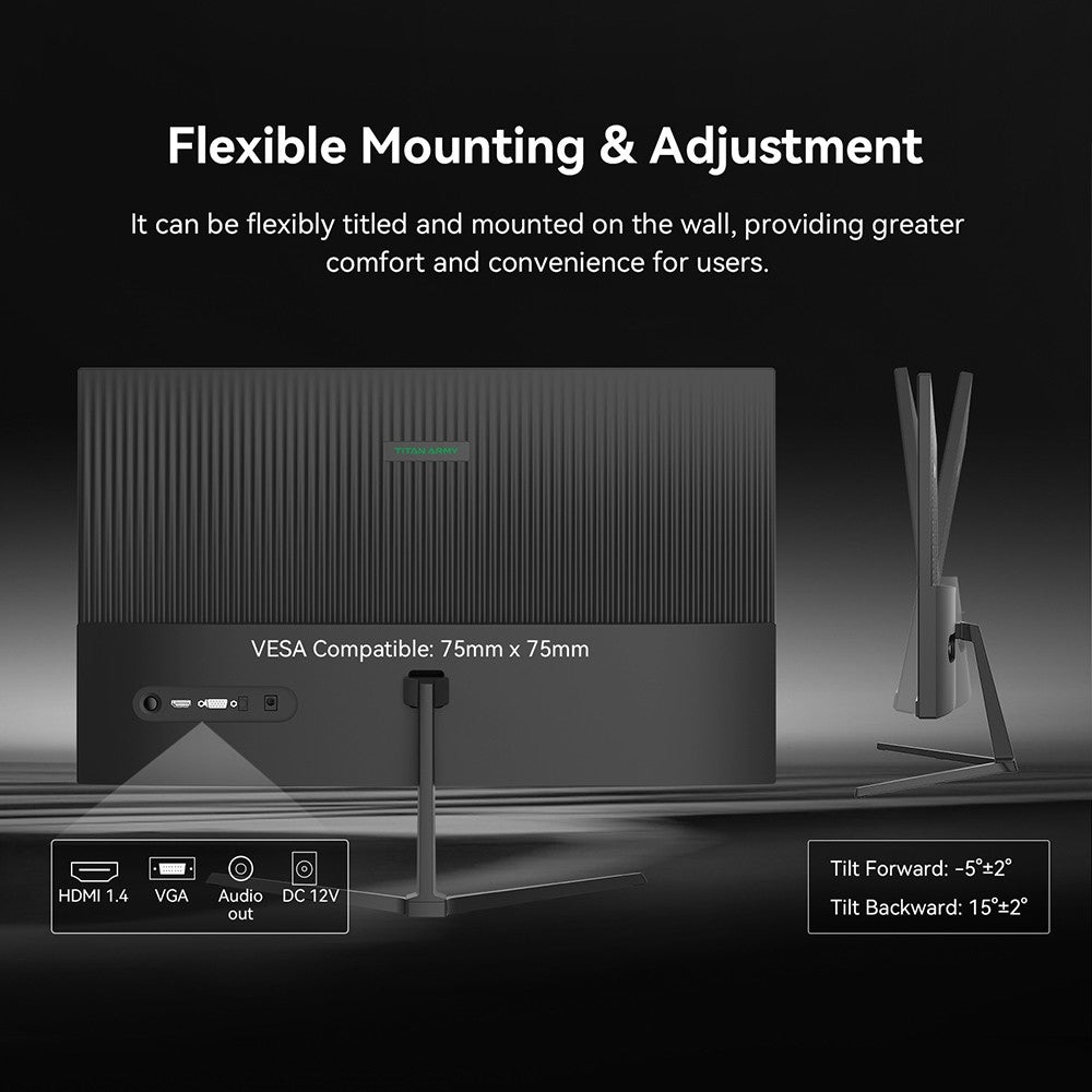 Herní monitor TITAN ARMY P24H2P, 24palcový IPS panel, obnovovací frekvence 100 Hz, rozlišení 1920x1080 FHD, 99% sRGB, adaptivní synchronizace, inteligentní optimalizace DCR, redukce modrého světla, 1x HDMI 1.4, 1x VGA, 1x audio, nastavení náklonu, držák VESA