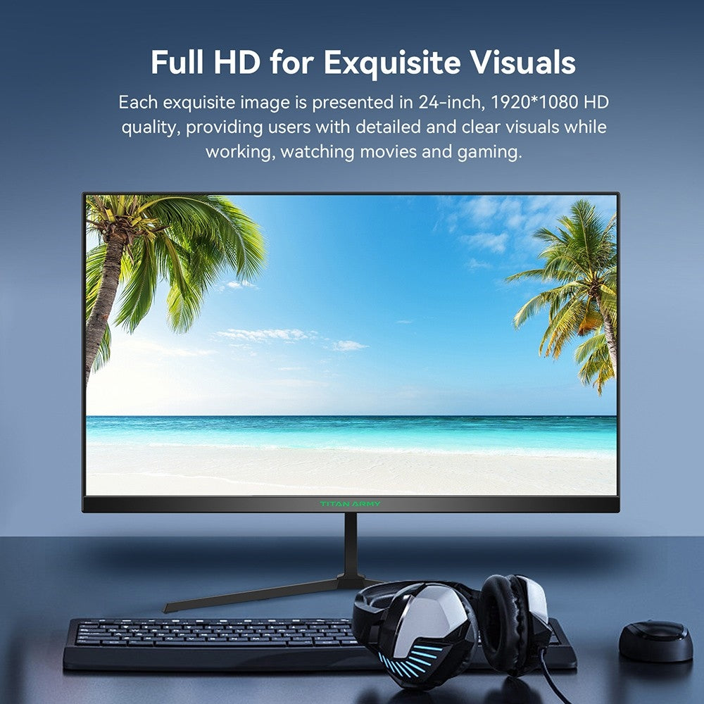Herní monitor TITAN ARMY P24H2P, 24palcový IPS panel, obnovovací frekvence 100 Hz, rozlišení 1920x1080 FHD, 99% sRGB, adaptivní synchronizace, inteligentní optimalizace DCR, redukce modrého světla, 1x HDMI 1.4, 1x VGA, 1x audio, nastavení náklonu, držák VESA
