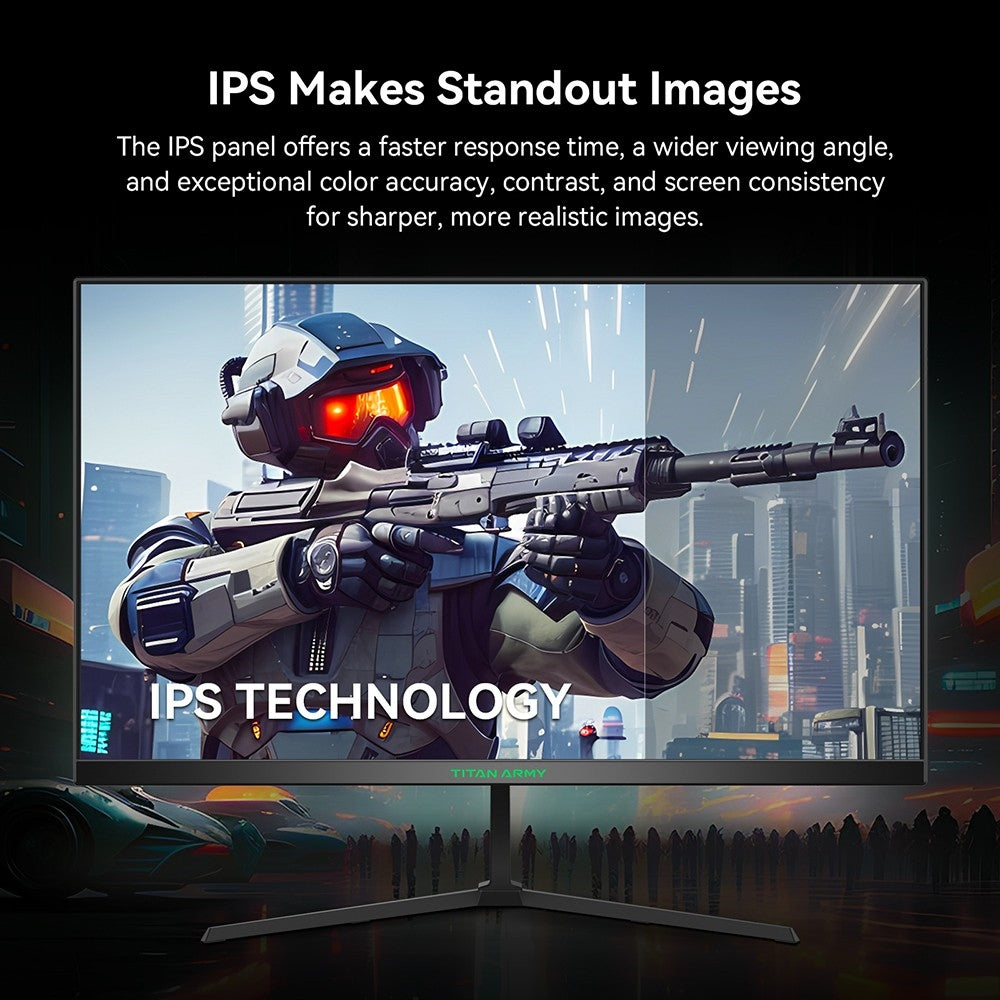 Herní monitor TITAN ARMY P24H2P, 24palcový IPS panel, obnovovací frekvence 100 Hz, rozlišení 1920x1080 FHD, 99% sRGB, adaptivní synchronizace, inteligentní optimalizace DCR, redukce modrého světla, 1x HDMI 1.4, 1x VGA, 1x audio, nastavení náklonu, držák VESA