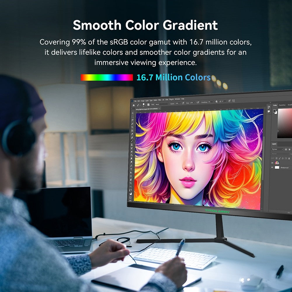 Herní monitor TITAN ARMY P24H2P, 24palcový IPS panel, obnovovací frekvence 100 Hz, rozlišení 1920x1080 FHD, 99% sRGB, adaptivní synchronizace, inteligentní optimalizace DCR, redukce modrého světla, 1x HDMI 1.4, 1x VGA, 1x audio, nastavení náklonu, držák VESA
