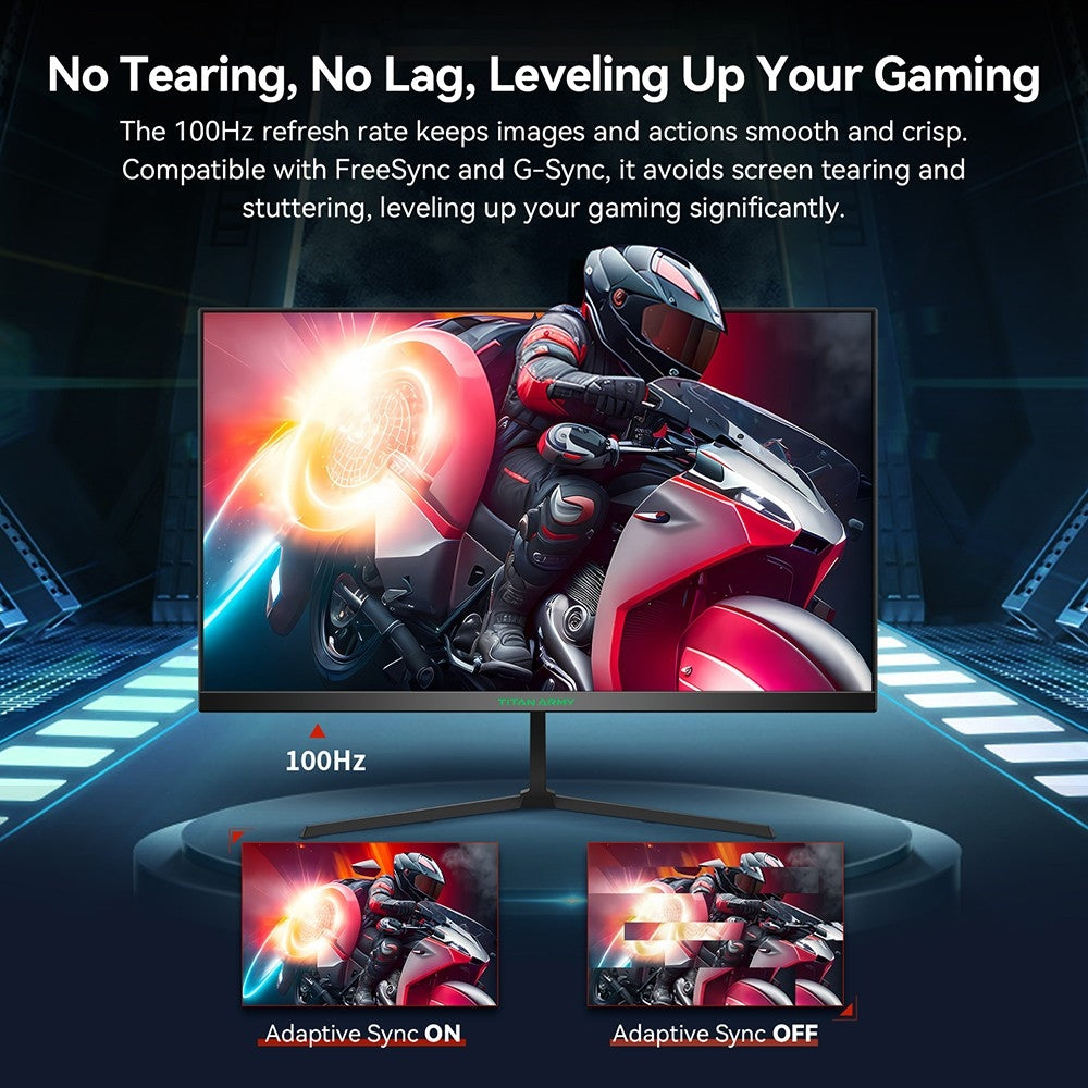 Herní monitor TITAN ARMY P24H2P, 24palcový IPS panel, obnovovací frekvence 100 Hz, rozlišení 1920x1080 FHD, 99% sRGB, adaptivní synchronizace, inteligentní optimalizace DCR, redukce modrého světla, 1x HDMI 1.4, 1x VGA, 1x audio, nastavení náklonu, držák VESA