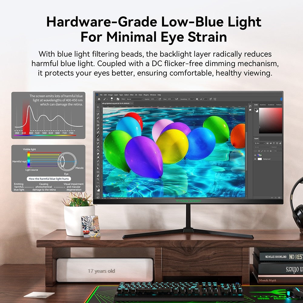 Herní monitor TITAN ARMY P24H2P, 24palcový IPS panel, obnovovací frekvence 100 Hz, rozlišení 1920x1080 FHD, 99% sRGB, adaptivní synchronizace, inteligentní optimalizace DCR, redukce modrého světla, 1x HDMI 1.4, 1x VGA, 1x audio, nastavení náklonu, držák VESA