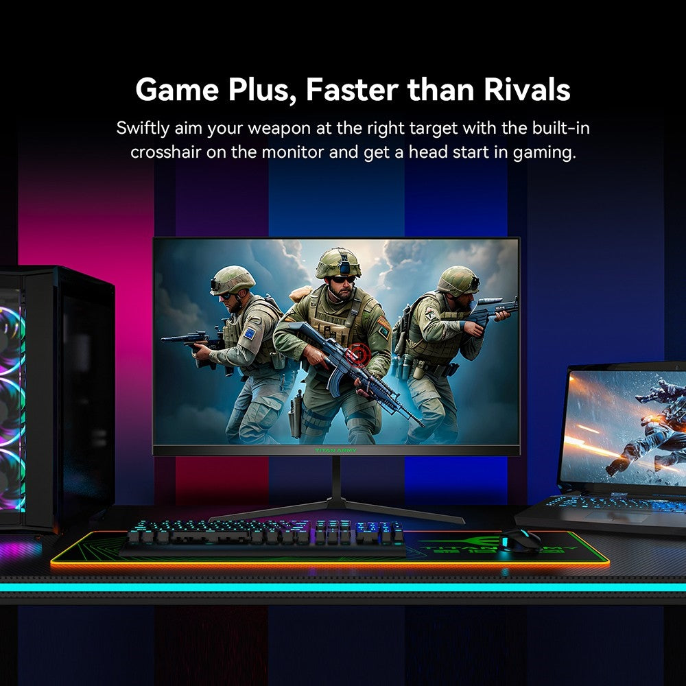 Herní monitor TITAN ARMY P24H2P, 24palcový IPS panel, obnovovací frekvence 100 Hz, rozlišení 1920x1080 FHD, 99% sRGB, adaptivní synchronizace, inteligentní optimalizace DCR, redukce modrého světla, 1x HDMI 1.4, 1x VGA, 1x audio, nastavení náklonu, držák VESA