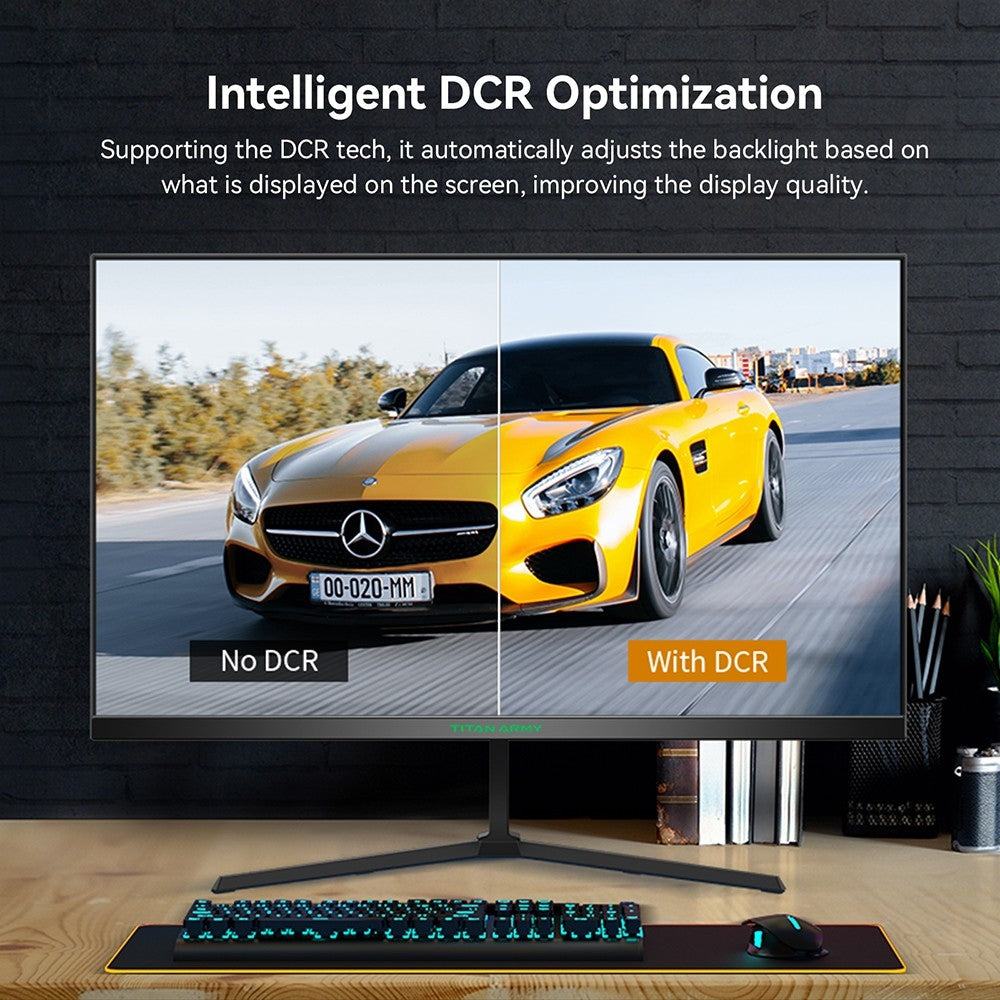 Herní monitor TITAN ARMY P24H2P, 24palcový IPS panel, obnovovací frekvence 100 Hz, rozlišení 1920x1080 FHD, 99% sRGB, adaptivní synchronizace, inteligentní optimalizace DCR, redukce modrého světla, 1x HDMI 1.4, 1x VGA, 1x audio, nastavení náklonu, držák VESA