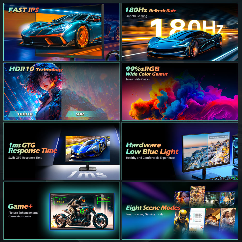 Herní monitor TITAN ARMY P2510G, 24,5" 1920*1080 RYCHLÝ IPS displej, obnovovací frekvence 180 Hz, HDR10, 99 % sRGB, 1 ms GTG, adaptivní synchronizace, dynamické optické rozložení (OD), herní asistent, 8 scénických režimů, hardwarové potlačení modrého světla, nastavitelný náklon, držák VESA, 1*HDMI 2.0, 1*DP 1.4, 1* zvuk