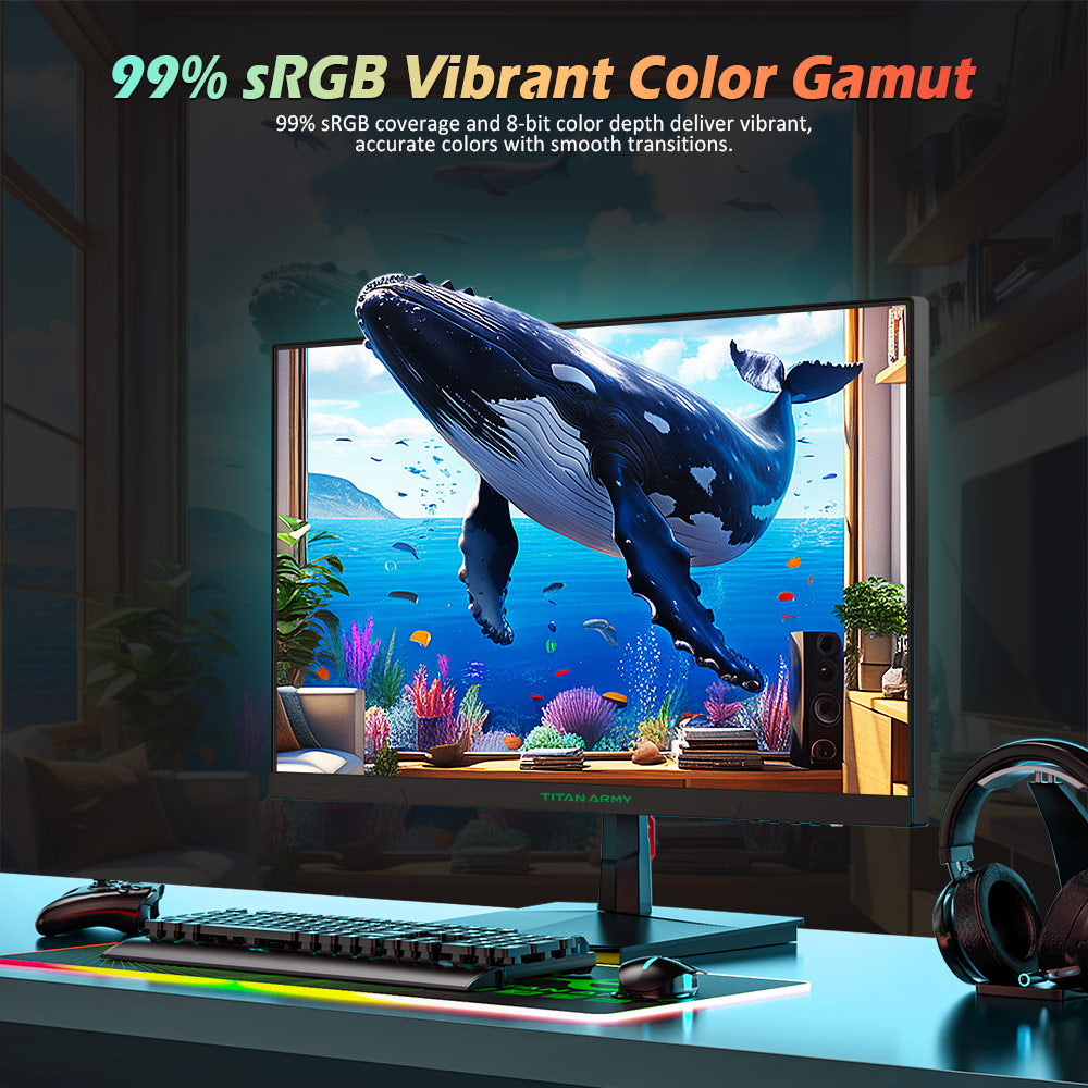 Herní monitor TITAN ARMY P2510G, 24,5" 1920*1080 RYCHLÝ IPS displej, obnovovací frekvence 180 Hz, HDR10, 99 % sRGB, 1 ms GTG, adaptivní synchronizace, dynamické optické rozložení (OD), herní asistent, 8 scénických režimů, hardwarové potlačení modrého světla, nastavitelný náklon, držák VESA, 1*HDMI 2.0, 1*DP 1.4, 1* zvuk