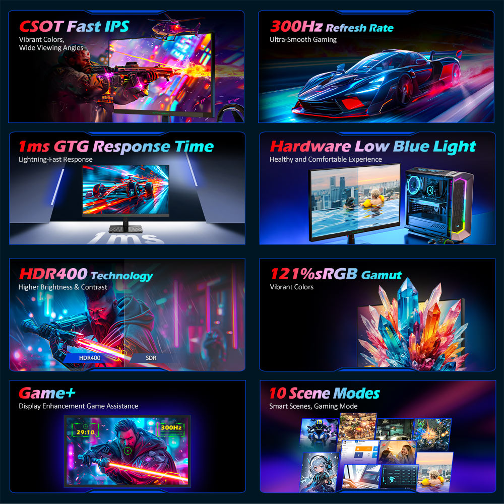 Herní monitor TITAN ARMY P2510HS, 24,5palcový 1920*1080 CSOT rychlý IPS displej, obnovovací frekvence 300 Hz, HDR400, 121 % sRGB, doba odezvy 1 ms GTG, Adaptive-Sync, hardwarové potlačení modrého světla, herní asistent, PIP/PBP displej, montáž VESA