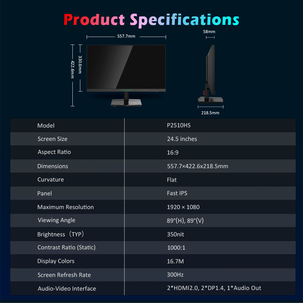 Herní monitor TITAN ARMY P2510HS, 24,5palcový 1920*1080 CSOT rychlý IPS displej, obnovovací frekvence 300 Hz, HDR400, 121 % sRGB, doba odezvy 1 ms GTG, Adaptive-Sync, hardwarové potlačení modrého světla, herní asistent, PIP/PBP displej, montáž VESA
