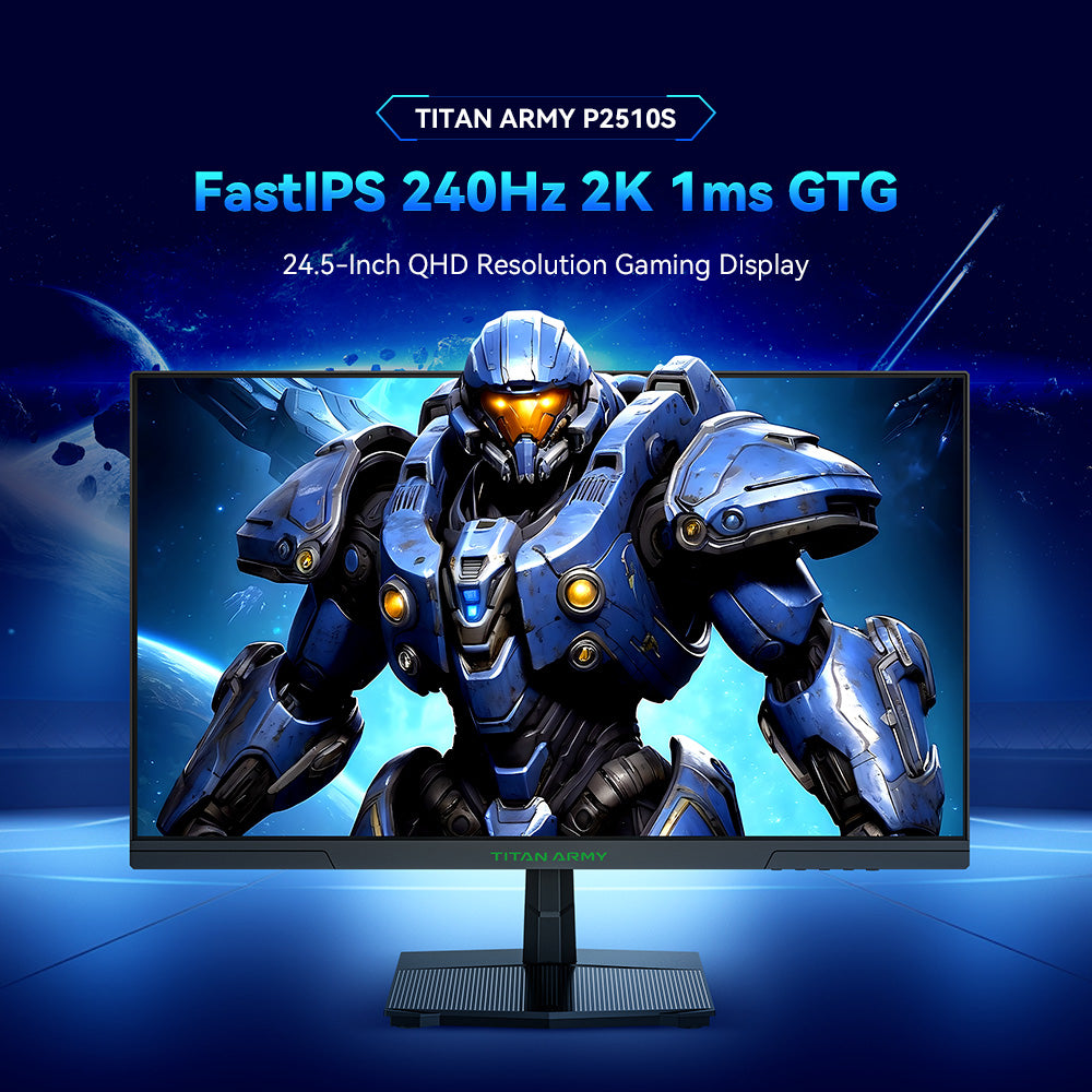 Herní monitor TITAN ARMY P2510S, 24,5" 2560*1440 QHD FAST IPS displej, obnovovací frekvence 240 Hz, 1 ms GTG, 95% DCI-P3, HDR10, Adaptive-Sync, Dynamický OD, režim Game Rush, PIP a PBP displej, všestranné režimy obrazu, Low Blue Light, montáž na zeď VESA