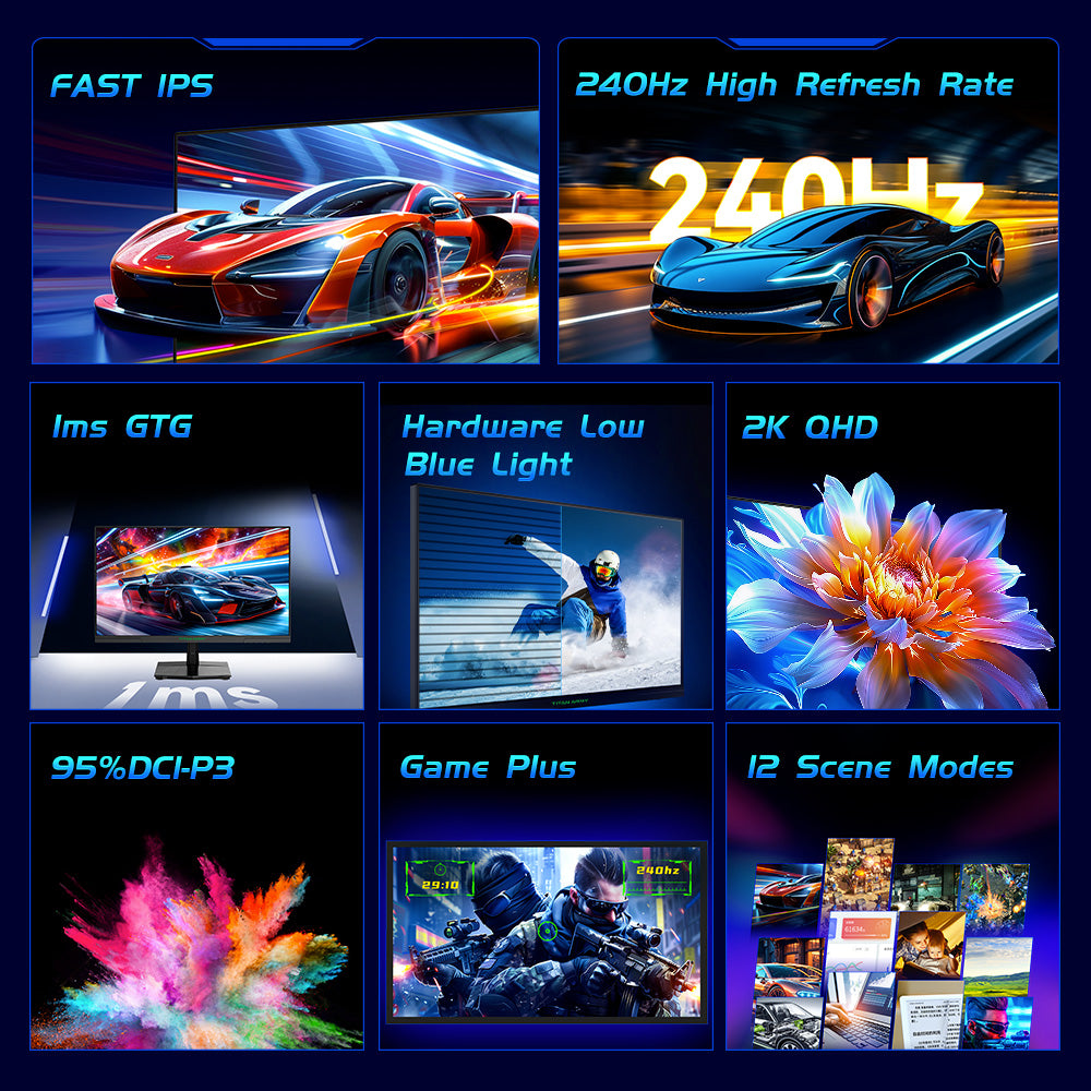 Herní monitor TITAN ARMY P2510S, 24,5" 2560*1440 QHD FAST IPS displej, obnovovací frekvence 240 Hz, 1 ms GTG, 95% DCI-P3, HDR10, Adaptive-Sync, Dynamický OD, režim Game Rush, PIP a PBP displej, všestranné režimy obrazu, Low Blue Light, montáž na zeď VESA