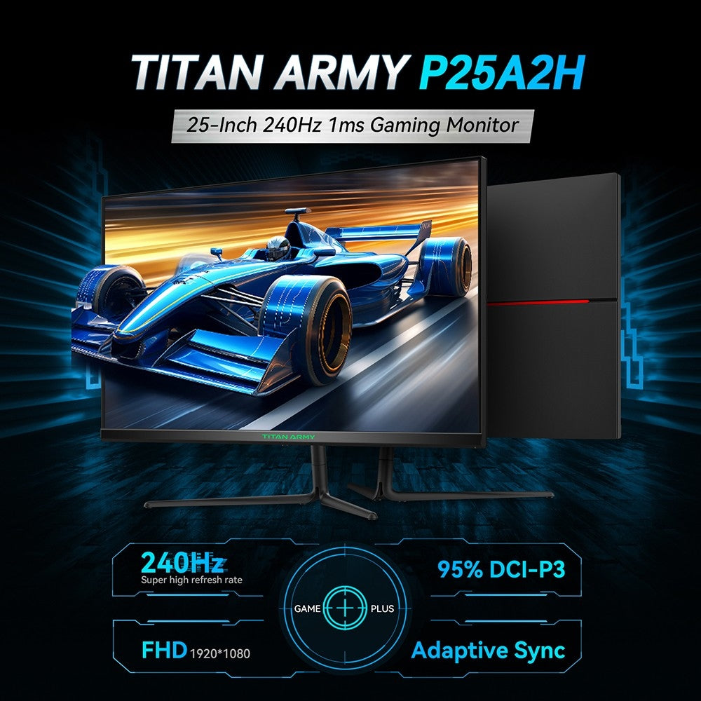 Herní monitor TITAN ARMY P25A2H, 25palcová obrazovka s rozlišením 1920x1080 FHD, obnovovací frekvence 240 Hz, MPRT 1 ms, adaptivní synchronizace, pozorovací úhel 178°, barevný gamut 95 % DCI-P3, podpora herního režimu FPS/RTS, PIP a PBP displej, nízká hladina modrého světla, montáž na zeď