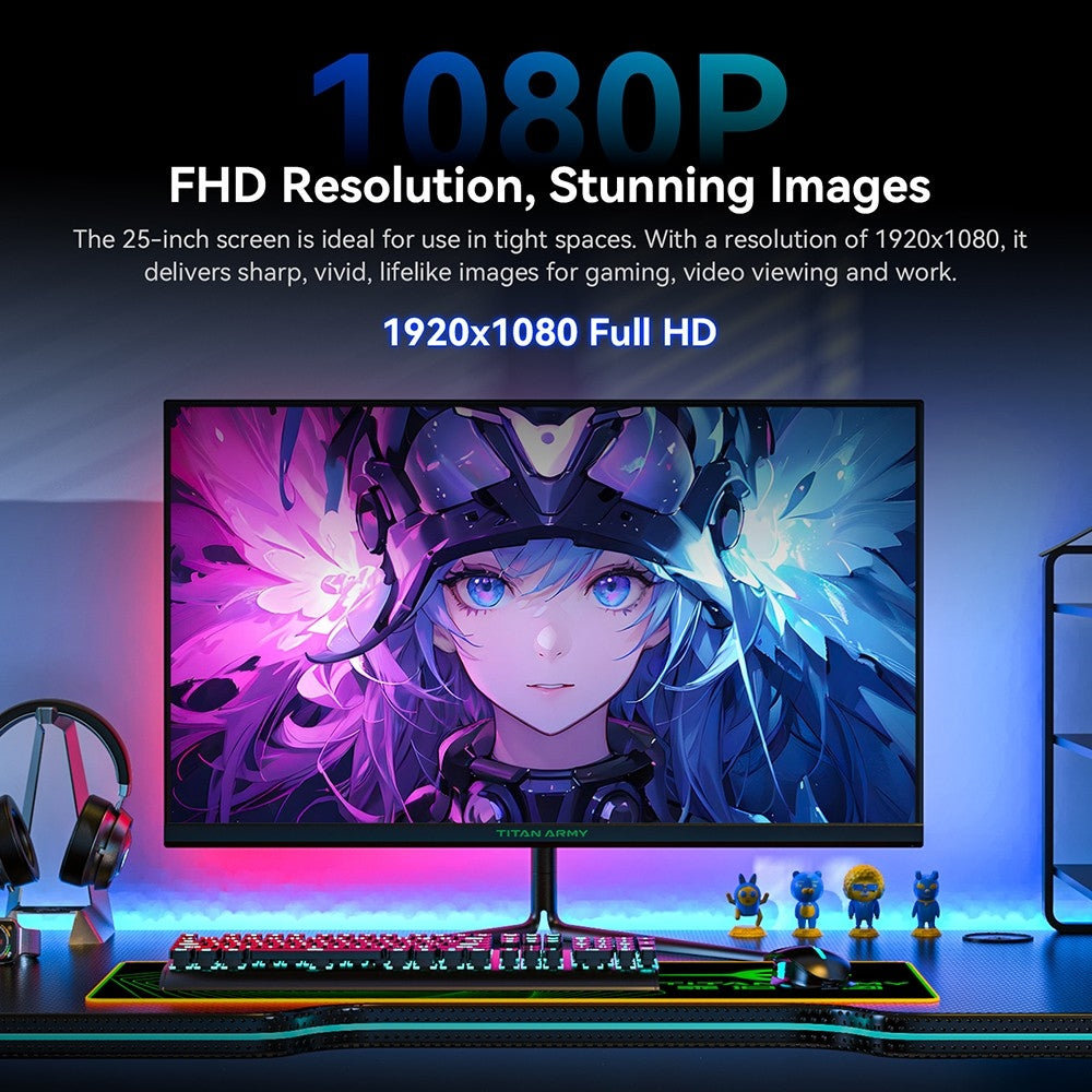 Herní monitor TITAN ARMY P25A2H, 25palcová obrazovka s rozlišením 1920x1080 FHD, obnovovací frekvence 240 Hz, MPRT 1 ms, adaptivní synchronizace, pozorovací úhel 178°, barevný gamut 95 % DCI-P3, podpora herního režimu FPS/RTS, PIP a PBP displej, nízká hladina modrého světla, montáž na zeď