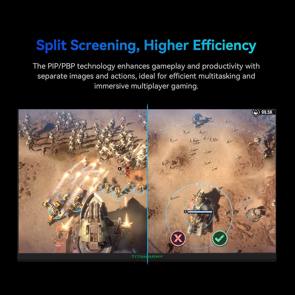 Herní monitor TITAN ARMY P25A2H, 25palcová obrazovka s rozlišením 1920x1080 FHD, obnovovací frekvence 240 Hz, MPRT 1 ms, adaptivní synchronizace, pozorovací úhel 178°, barevný gamut 95 % DCI-P3, podpora herního režimu FPS/RTS, PIP a PBP displej, nízká hladina modrého světla, montáž na zeď