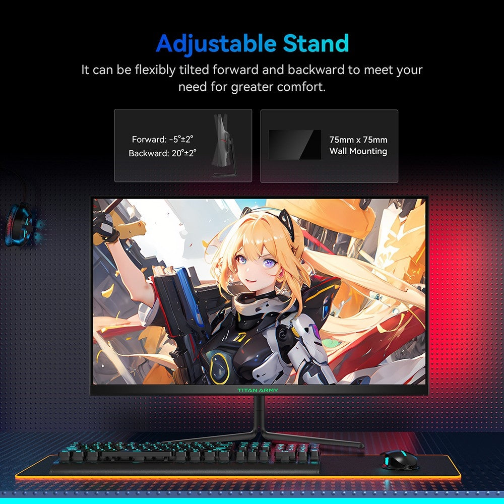 Herní monitor TITAN ARMY P25A2H, 25palcová obrazovka s rozlišením 1920x1080 FHD, obnovovací frekvence 240 Hz, MPRT 1 ms, adaptivní synchronizace, pozorovací úhel 178°, barevný gamut 95 % DCI-P3, podpora herního režimu FPS/RTS, PIP a PBP displej, nízká hladina modrého světla, montáž na zeď
