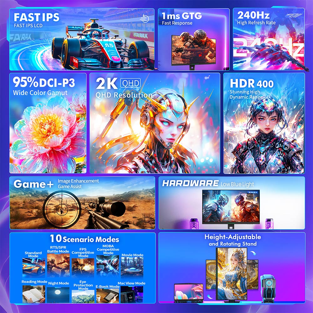 Herní monitor TITAN ARMY P2710S, 27palcový 2560*1440 16:9 rychlý IPS LCD displej, obnovovací frekvence 240 Hz, 1ms GTG, HDR 400, Adaptive-Sync, Dynamický OD, herní režim a 10 scénářových režimů, režim rozdělené obrazovky PBP a PIP, otočný stojan, montáž na zeď