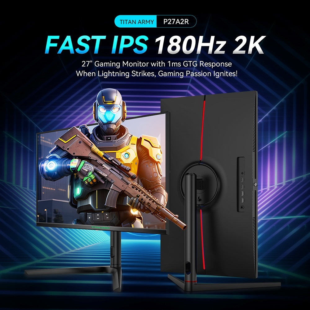 27palcový herní monitor TITAN ARMY P27A2R, rychlý IPS 180Hz Adaptive Sync, 2560*1440 QHD, 1ms GTG, 95% DCI-P3, podpora herního režimu FPS/RTS, Low Blue, 2*HDMI 2.0, 2*DP 1.4, 1*Audio, nastavitelná výška, držák VESA