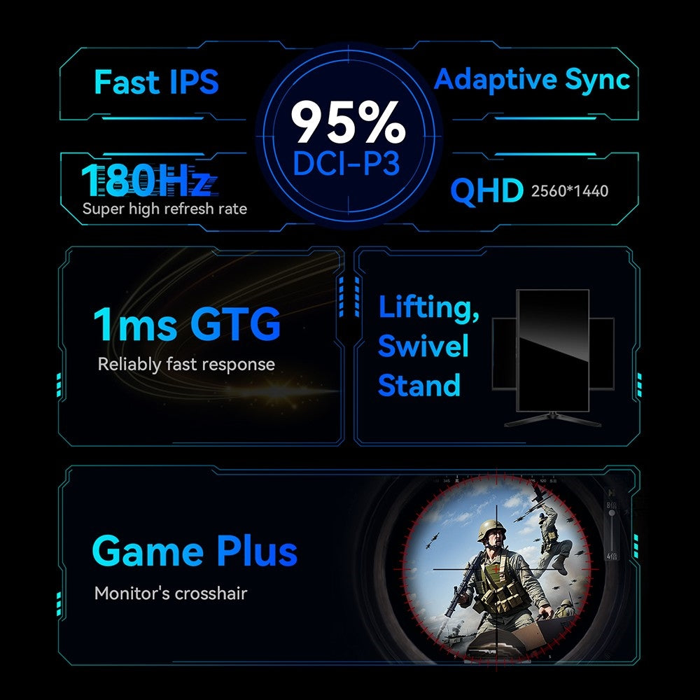 27palcový herní monitor TITAN ARMY P27A2R, rychlý IPS 180Hz Adaptive Sync, 2560*1440 QHD, 1ms GTG, 95% DCI-P3, podpora herního režimu FPS/RTS, Low Blue, 2*HDMI 2.0, 2*DP 1.4, 1*Audio, nastavitelná výška, držák VESA